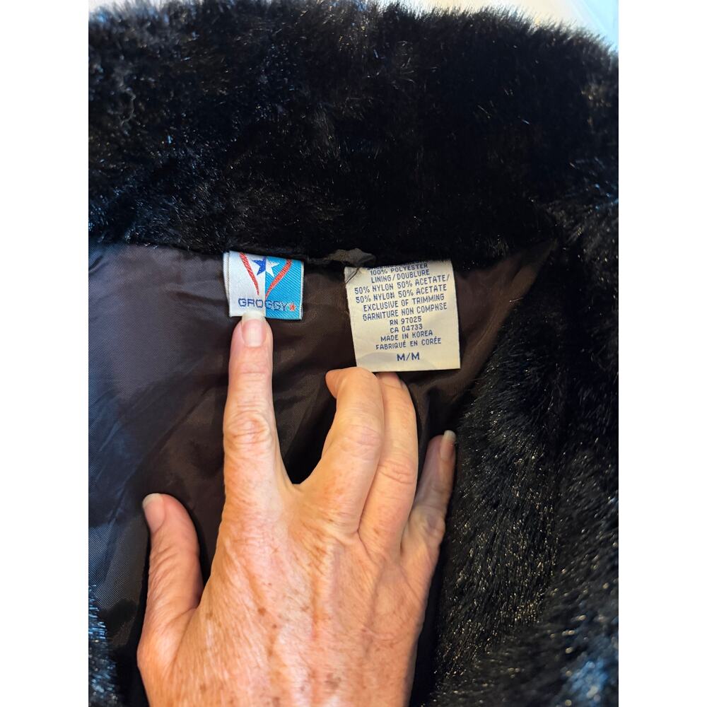 Vintage Groggy Black Faux Fur Coat Jacket Medium Plush Collared - Picture 6 of 8